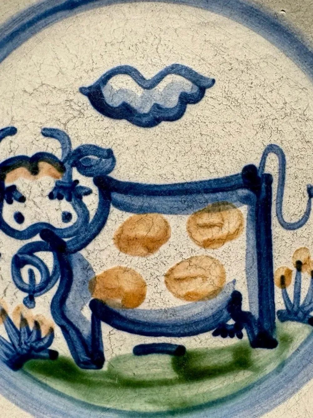 Vintage MA Hadley Stoneware Pottery 9”D Plate Cow Farm Series Ceramic Hand Paint